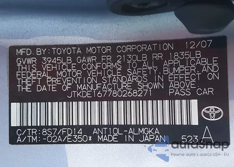 2008 Scion Tc from USA, damaged, VIN JTKDE167780268271